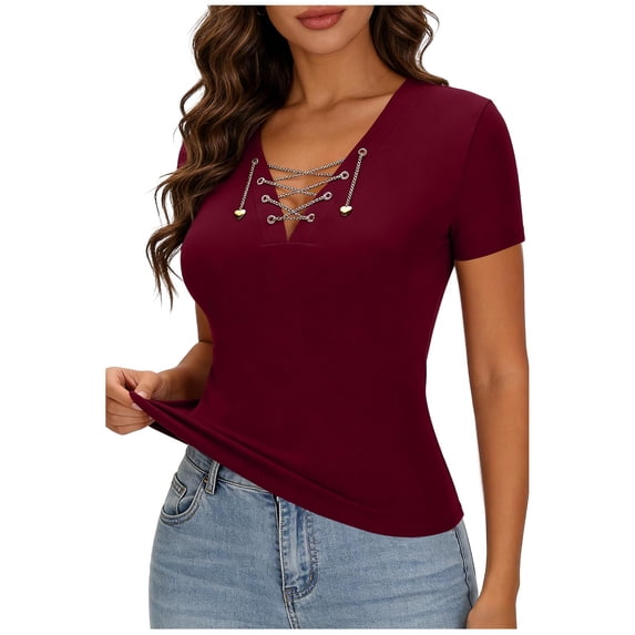hotojiny Going out Tops for Women V Neck Lace up Trendy Outfit Slim Fit Fashion Short Sleeve Summer Clothes S-2XL