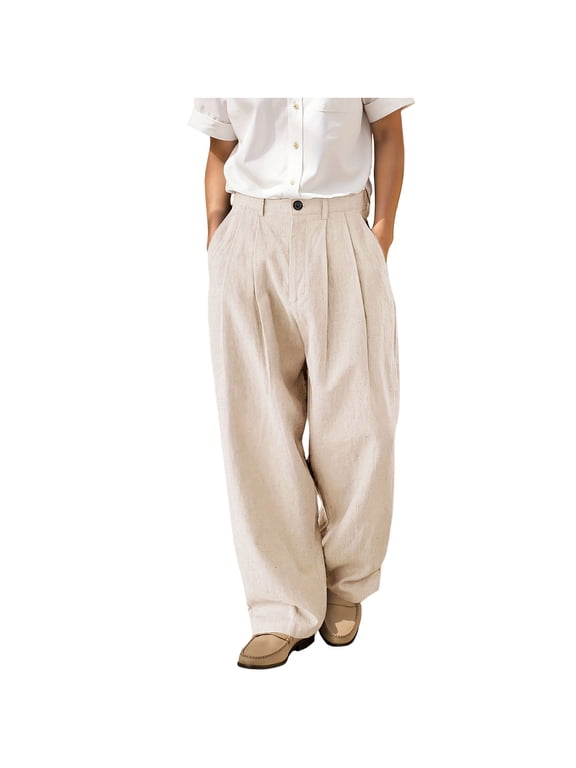 Golf Pants Men Lightweight Loose Fit Business Casual Linen Dress Trousers Baggy Wide Leg Pleated Work Pants with Pockets