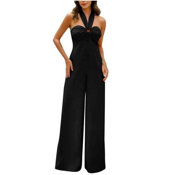 hotojiny Halter Jumpsuit for Women Elegant Sleeveless Backless Dressy Casual Wide Leg Rompers Vacation Summer One-Piece Outfits