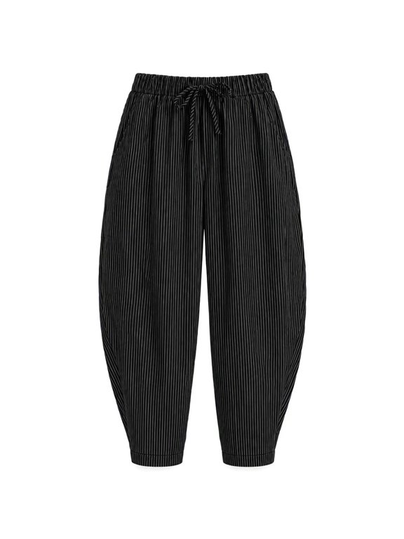 Harem Pants Women Vintage Striped Balloon Trouser Casual Cropped Drawstring Pull on Baggy Pants with Pockets(Black,X-Large)