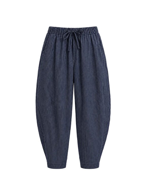 Harem Pants Women Vintage Striped Balloon Trouser Casual Cropped Drawstring Pull on Baggy Pants with Pockets(Navy,XX-Large)