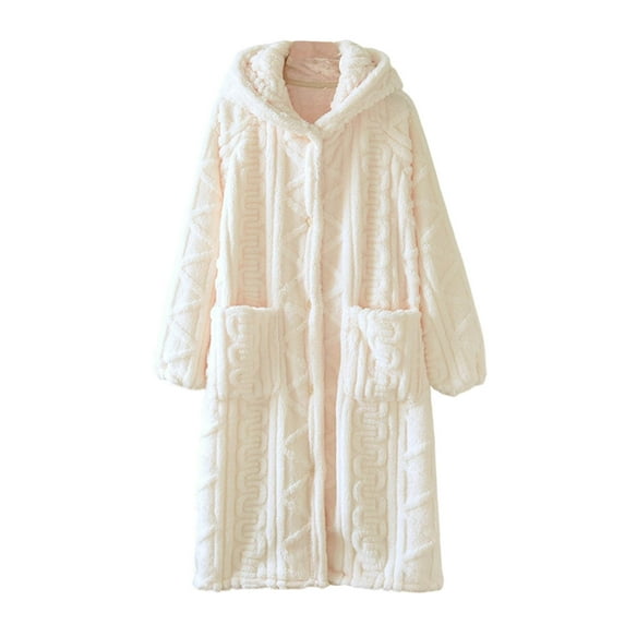hotojiny Hooded Bathrobe for Womens Soft Fuzzy Fleece Robes Winter Warm Housecoat Button Down Nightgown Sleepwear with Pockets