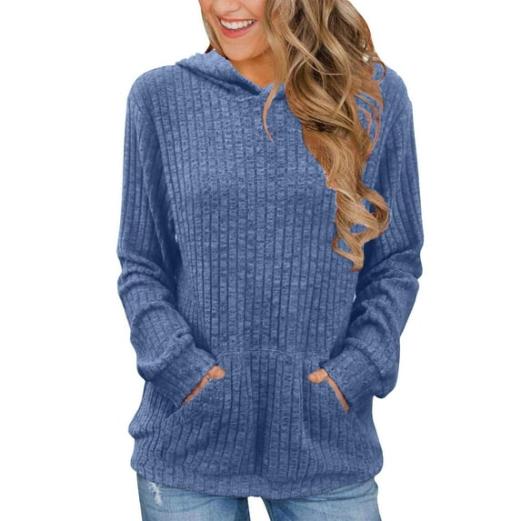 hotojiny Hoodie Tops for Women Casual Long Sleeve Ribbed Knit Pullover Top Loose Drawstring Hooded Sweatshirt with Pocket