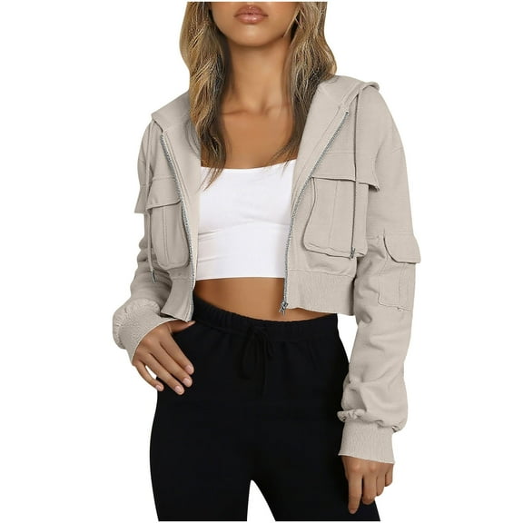 hotojiny Hoodies for Women Full Zip Up Cropped Sweatshirts Jackets Casual Pockets Athletic Gym Tops Fall Outfits Winter Clothes