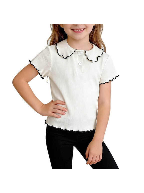 Infant Baby Girls Short Sleeve Shirt Kids Toddler Cute Babydoll Buttons Collar Basic Top Ruffle Blouse for Newborn 6M-8T