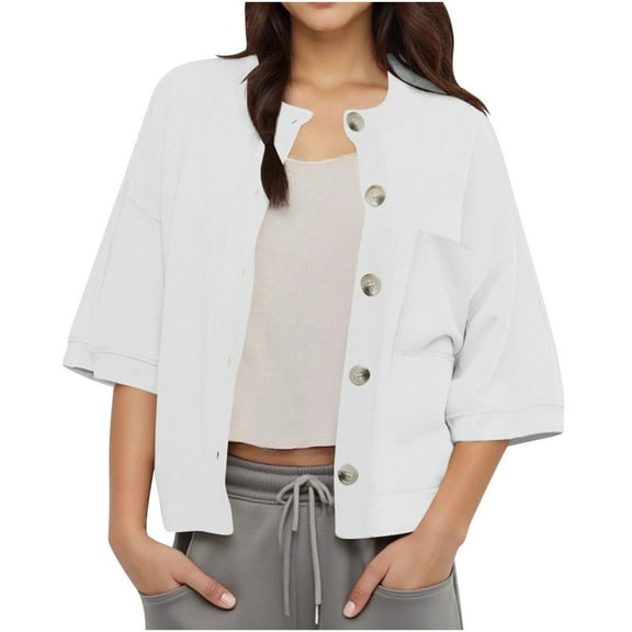 hotojiny Jackets for Women Summer Lightweight 3/4 Sleeve Coats Trendy Button down Workout Tops Streetwear with Pockets