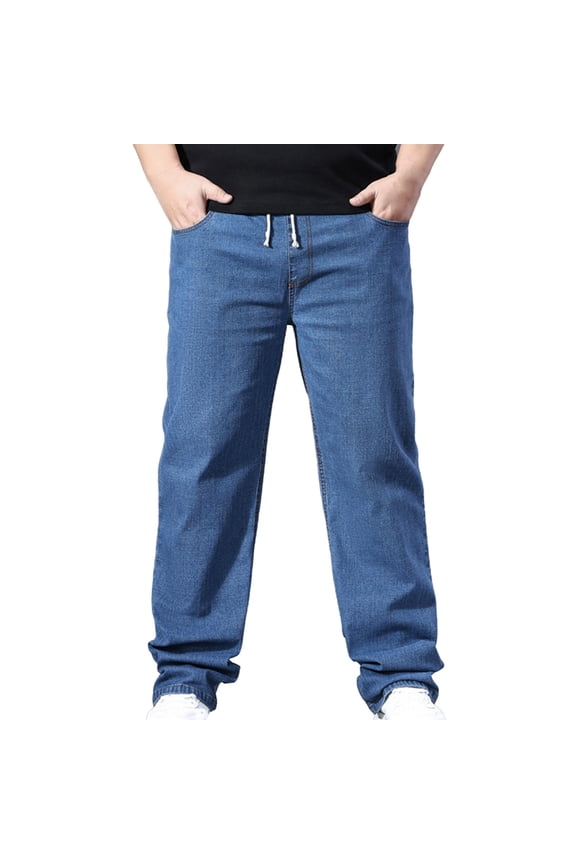 Jeans for Men Pull on Elastic Waist Loose Fit Denim Pants Big and Tall Straight Leg Stretch Chambray Trousers Streetwear XL-5XL