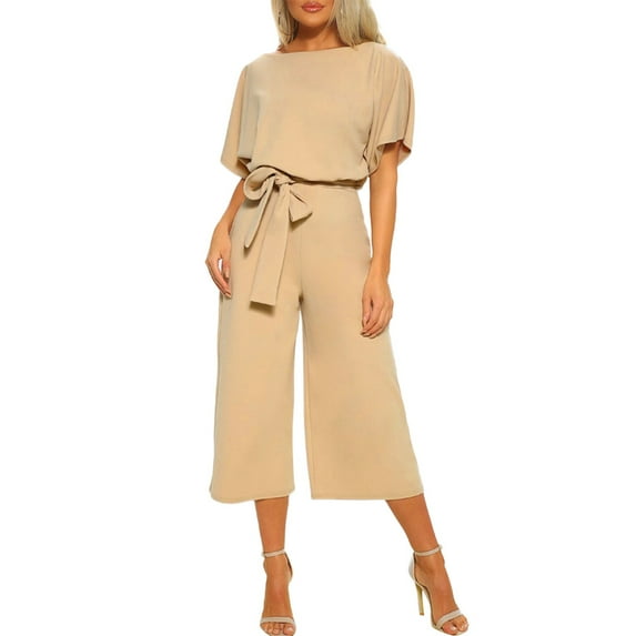 hotojiny Jumpsuits for Women Short Sleeve Wide Leg Capri Pants Romper Crew Neck High Waist Belted Dressy Jumpsuit Outfits