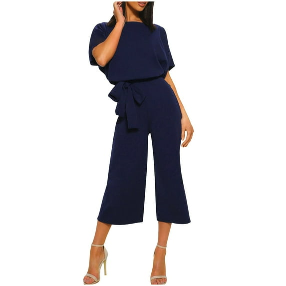 hotojiny Jumpsuits for Women Short Sleeve Wide Leg Capri Pants Romper Crew Neck High Waist Belted Dressy Jumpsuit Outfits