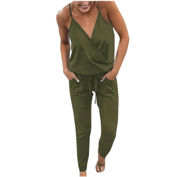 hotojiny Jumpsuits for Women Sleeveless Strap V Neck Loungewear Rompers Casual Solid One-Piece Pants Romper with Pockets