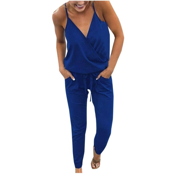 hotojiny Jumpsuits for Women Sleeveless Strap V Neck Loungewear Rompers Casual Solid One-Piece Pants Romper with Pockets