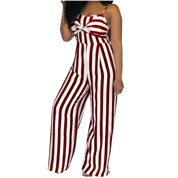 hotojiny Jumpsuits for Women Striped Strap Rompers Sleeveless Ladies Outfits Casual Wide Leg Long Pants Rompers