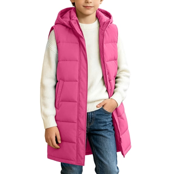 hotojiny Kids Long Puffer Vest Girls Boys Quilted Hooded Sleeveless Coat Thicken Button down Zip up Padded Outerwear Vests(Hot Pink,14-15 Years)