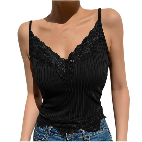 hotojiny Lace Bralette for Women Summer Fashion Spaghetti Strap Tank Top Undershirt V Neck Stretch Slim Basic Camisoles