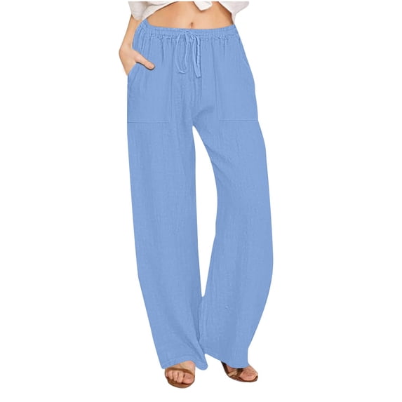 hotojiny Linen Pants Women Summer Baggy Flowy Wide Leg Beach Trousers with Pockets Comfy Drawstring Solid Color Lounge Pants