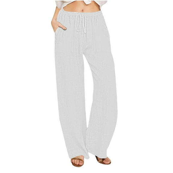 hotojiny Linen Pants Women Summer Baggy Flowy Wide Leg Beach Trousers with Pockets Comfy Drawstring Solid Color Lounge Pants