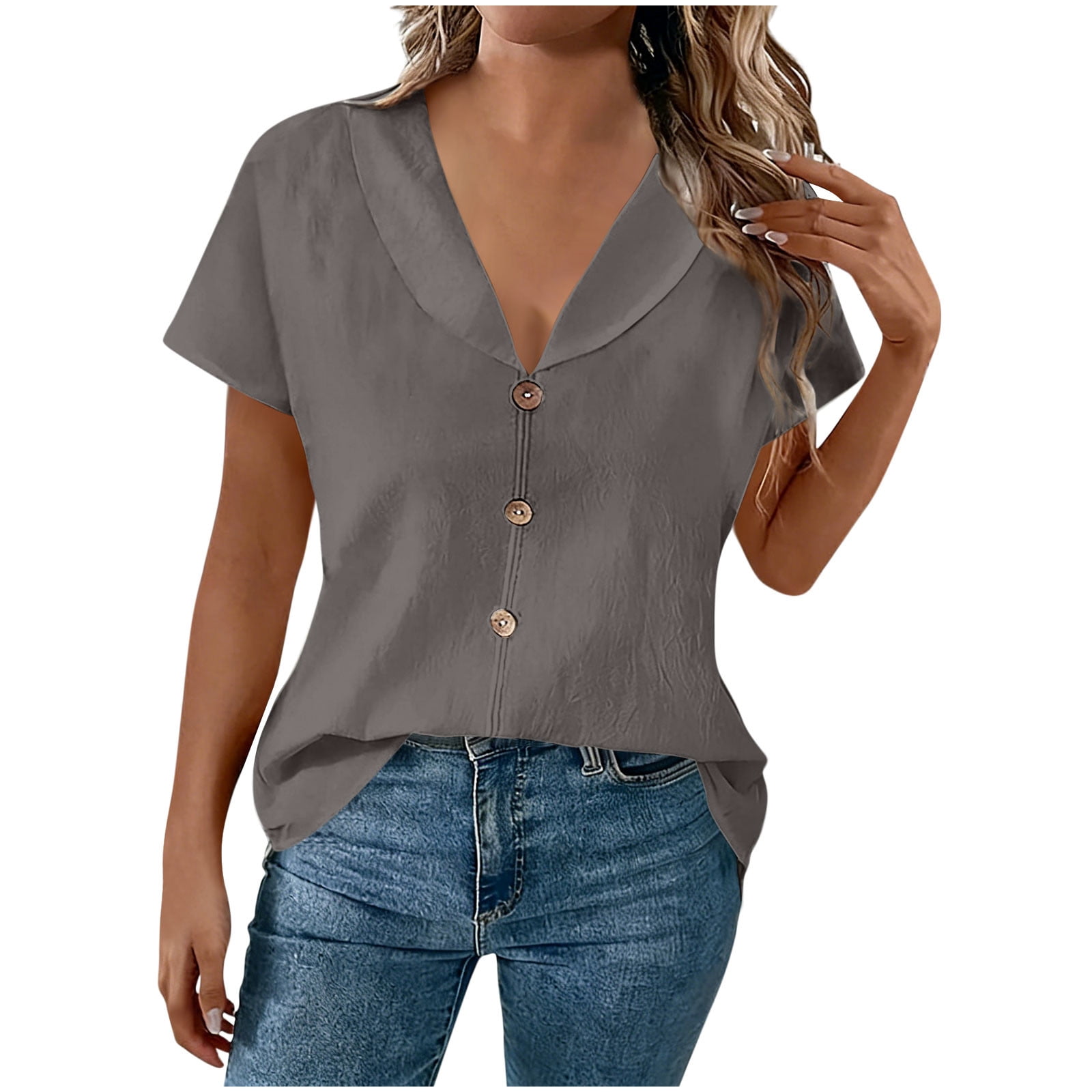 hotojiny Linen Shirts for Women Comfort V Neck Office Work Blouse Short ...