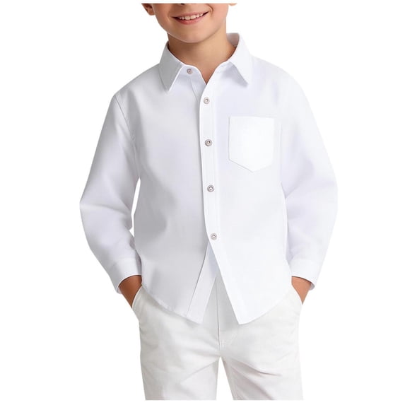 hotojiny Little Boys Long Sleeve Shirts Button Down Dress Shirt Teen Girls Solid Color Classic Fit Blouse Spring Fall Tops 4-14 Y
