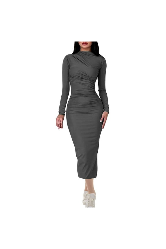 Long Sleeve Dress for Women Ruched Bodycon Formal Wedding Guest Dress Elegant Stretchy Cocktail Party Midi Dress