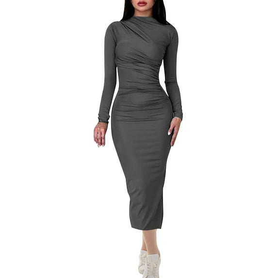 hotojiny Long Sleeve Dress for Women Ruched Bodycon Formal Wedding Guest Dress Elegant Stretchy Cocktail Party Midi Dress