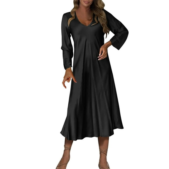 hotojiny Long Sleeve Maxi Dress for Women Casual Comfy Loose Dress Elegant V Neck Wedding Guests Party Dresses