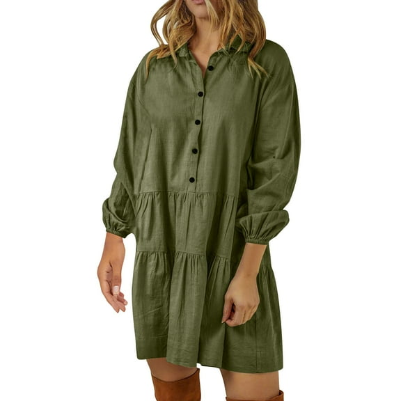 hotojiny Long Sleeve Shirt Dress for Women Flowy Lounge Beach Dress Loose Lapel Button Casual Tiered Ruffle Dress