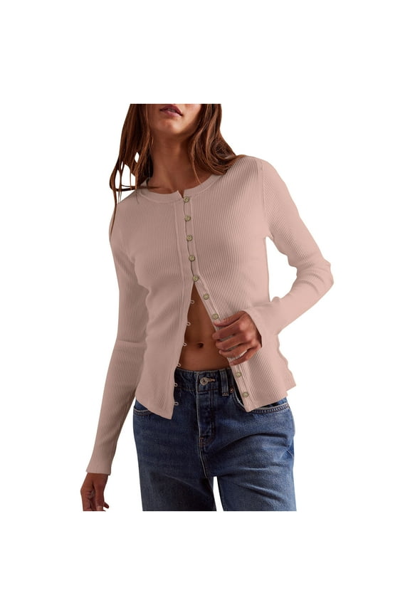 Long Sleeve Shirt for Women Casual Ribbed Crewneck Open Front Button down Tops Slim Lounge Vacation Shirt