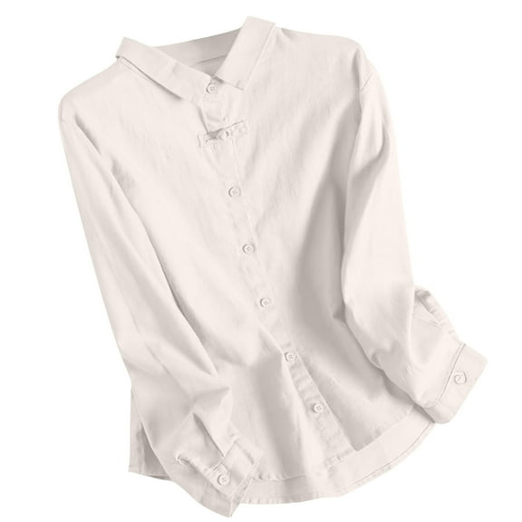 hotojiny Long Sleeve Shirt for Women Spring Clothes Cotton Linen Breathable Collar Solid Color Tee for Work Business