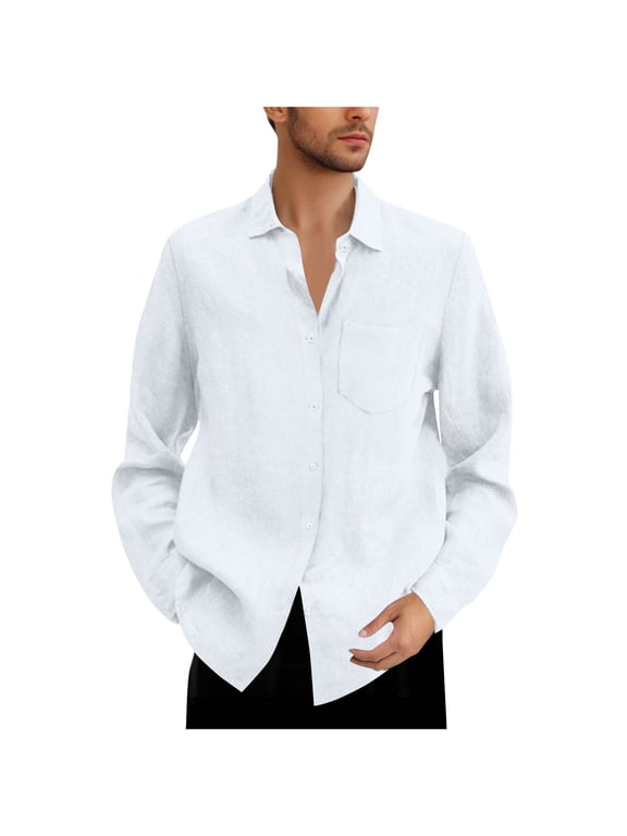 Long Sleeve Shirts for Men Button down Cotton Linen Shirt Big and Tall Loose Fit Solid Color Boho Beach Shirt with Pocket