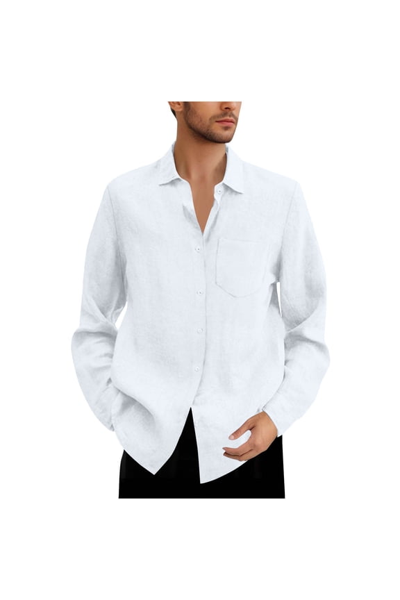 Long Sleeve Shirts for Men Button down Cotton Linen Shirt Big and Tall Loose Fit Solid Color Boho Beach Shirt with Pocket