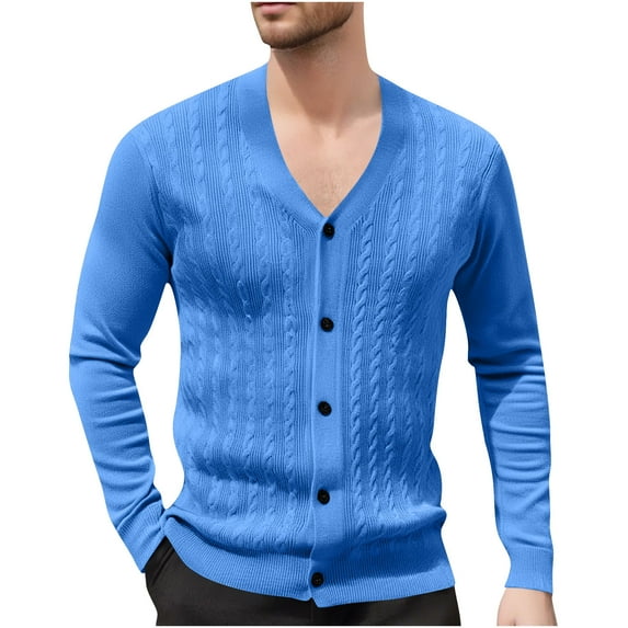 hotojiny Long Sleeve Shirts for Men Buttons down Cable Knit Cardigan Sweater Soft Slim Fit V Neck Fashion Tops Outwear for Business