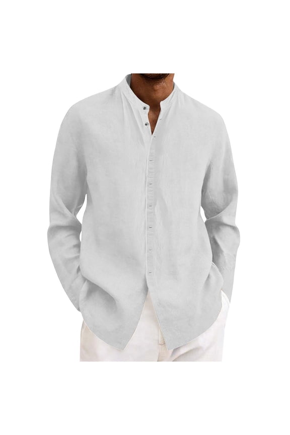 Long Sleeve Shirts for Men Loose Fit Cotton Linen Button-Down Shirt Casual Crew Neck Beach Vacation Shirt