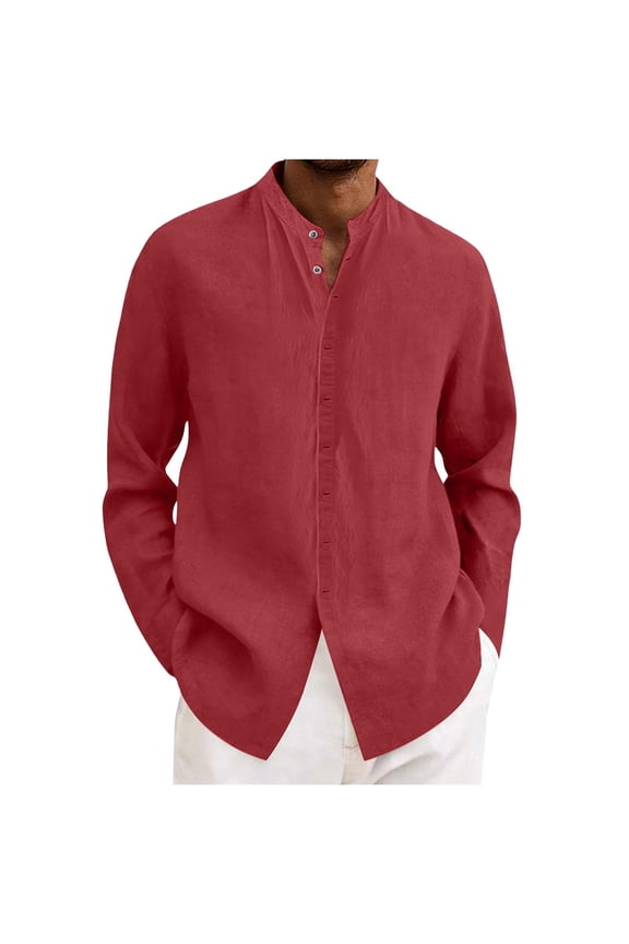 Long Sleeve Shirts for Men Loose Fit Cotton Linen Button-Down Shirt Casual Crew Neck Beach Vacation Shirt