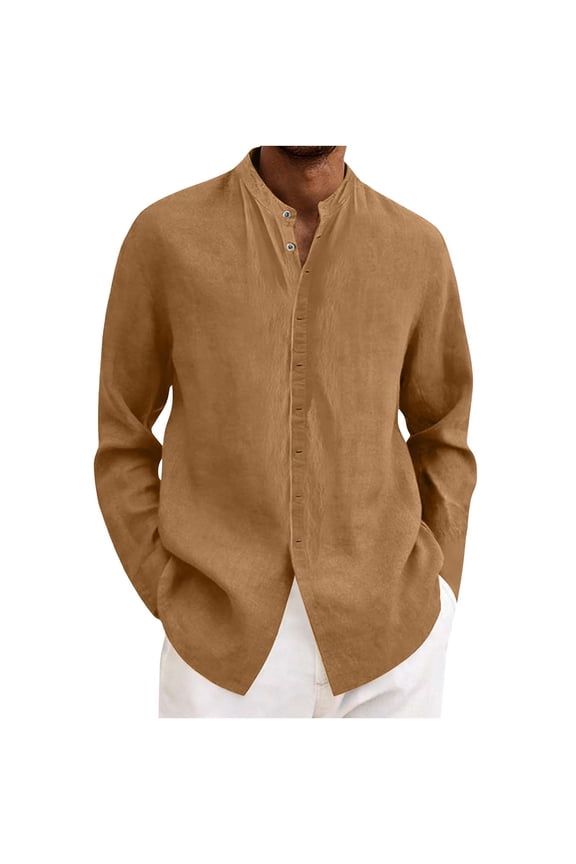 Long Sleeve Shirts for Men Loose Fit Cotton Linen Button-Down Shirt Casual Crew Neck Beach Vacation Shirt