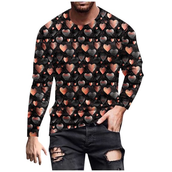 hotojiny Long Sleeve Shirts for Men Valentine's T-Shirt Heart Printed Tees Cute Crew Neck Pullover Top Valentine's Day Outfit