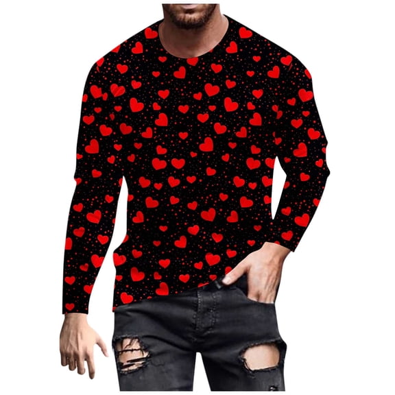 hotojiny Long Sleeve Shirts for Men Valentine's T-Shirt Heart Printed Tees Cute Crew Neck Pullover Top Valentine's Day Outfit