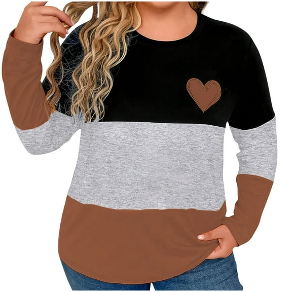hotojiny Long Sleeve Shirts for Women Spring Fashion Color Block T Shirts Casual Crewneck Heart Loose Basic Tee