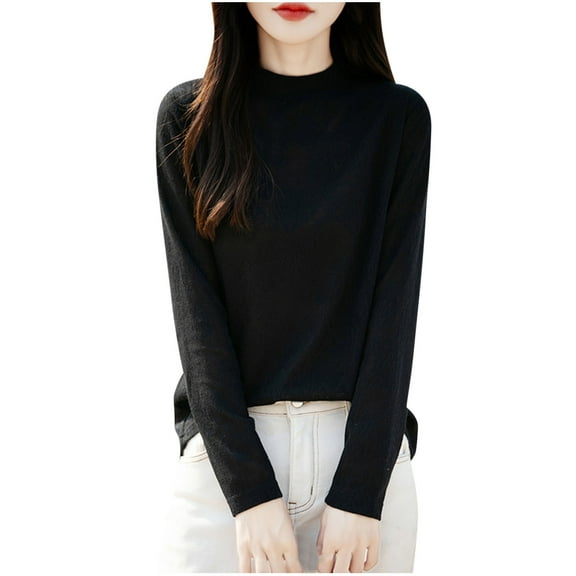 hotojiny Long Sleeve Shirts for Women Casual Soft Mock Neck Basic Tee Solid Color Loose Fit Tops Fall Outfit Clothes