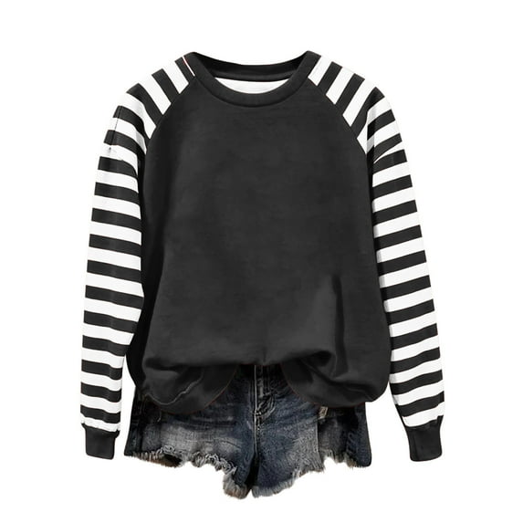 hotojiny Long Sleeve Shirts for Women Casual Stripes Crew Neck Warm Top Fashion Loose Pullover Cute Athletic Sweatshirt