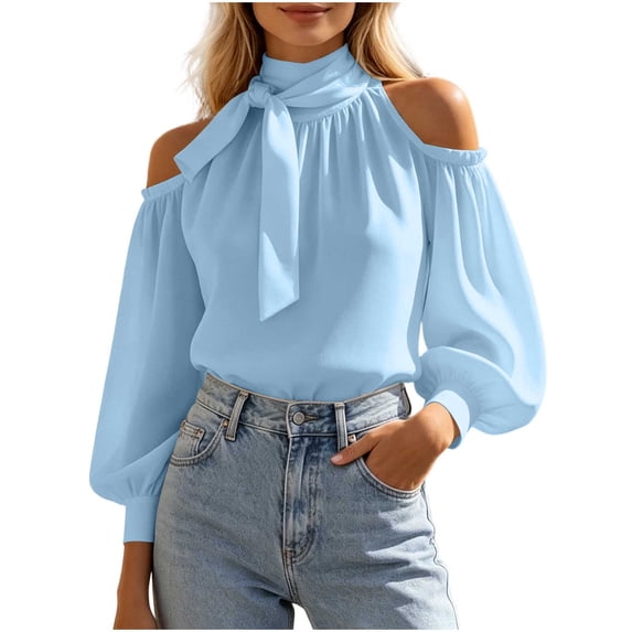 hotojiny Long Sleeve Shirts for Women Cold Shoulder Dressy Casual Blouse Trendy Fall Shirt Loose Fit Turtleneck Top for Work Office(Sky Blue,Large)