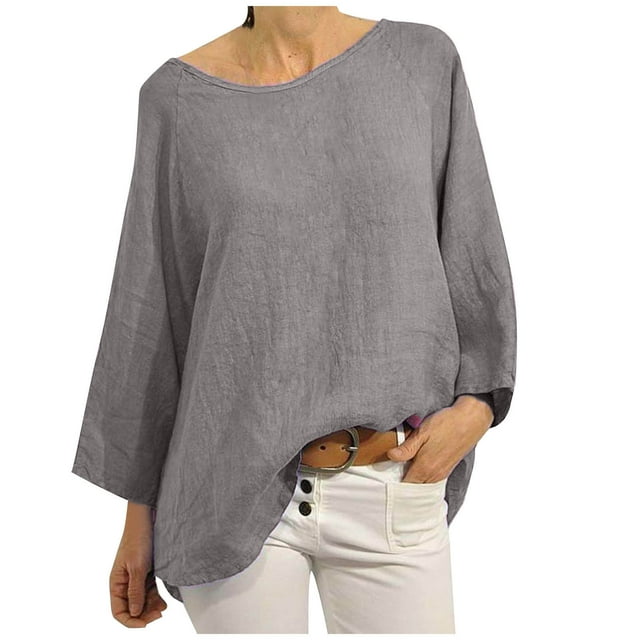 hotojiny Long Sleeve Shirts for Women Cotton Linen Plus Size Scoop Neck Loose Tops Lightweight Solid Color Oversized Tee