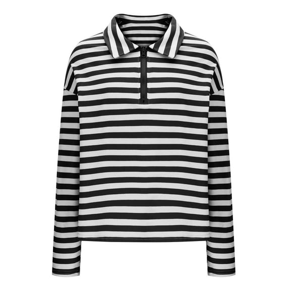 hotojiny Long Sleeve Shirts for Women Fashion Striped Quarter Zip-Up Loose Pullover Casual Vintage Lapel Spring Tops for Women Streetwear
