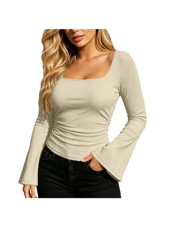 Long Sleeve Shirts for Women Flare Sleeves Square Neck Basic Tops Slim Fit Ruched Trendy Tee Blouse(Beige,Small)
