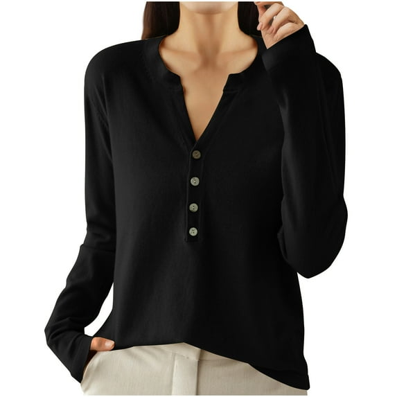 hotojiny Long Sleeve Shirts for Women Lounge Knitted V Neck Button Pullover Tops Casual Comfy Solid Color Blouse