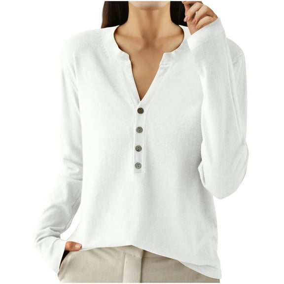hotojiny Long Sleeve Shirts for Women Lounge Knitted V Neck Button Pullover Tops Casual Comfy Solid Color Blouse