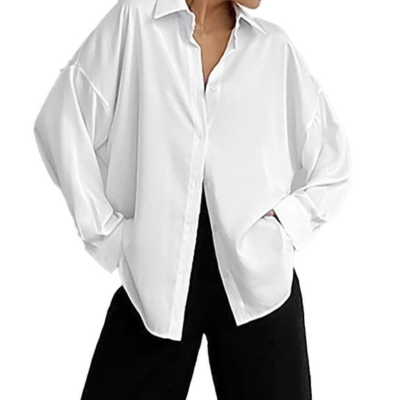 hotojiny Long Sleeve Shirts for Women Satin Silk Button down Collar Oversized Tops Lightweigh Business Work Casual Blouse