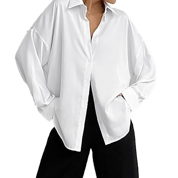 hotojiny Long Sleeve Shirts for Women Satin Silk Button down Collar Oversized Tops Lightweigh Business Work Casual Blouse