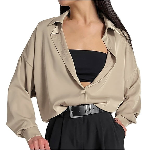 hotojiny Long Sleeve Shirts for Women Satin Silk Button down Collar Oversized Tops Lightweigh Business Work Casual Blouse