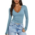 thumbnail image 1 of hotojiny Long Sleeve Shirts for Women Soft V Neck Spring Basic Tight Tops Trendy Casual Going out Tee Shirt, 1 of 1