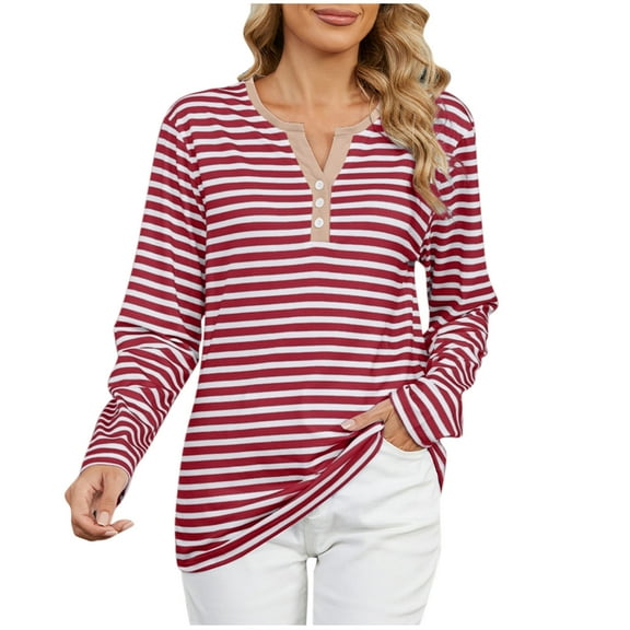hotojiny Long Sleeve Shirts for Women V Neck Button Lightweight Tunic Tops Fall Fashion Striped Loose T-Shirt